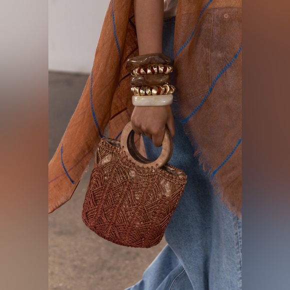 FABULOUS ZARA WOOD HANDLE JUTE PURSE - NEW WITH DUST BAG - Picture 5 of 5